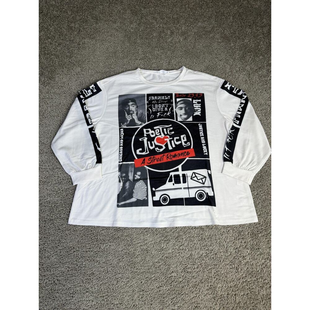 YITEMEI Shirt Mens 44 White Poetic Justice Graphic Long Sleeve Crew Neck